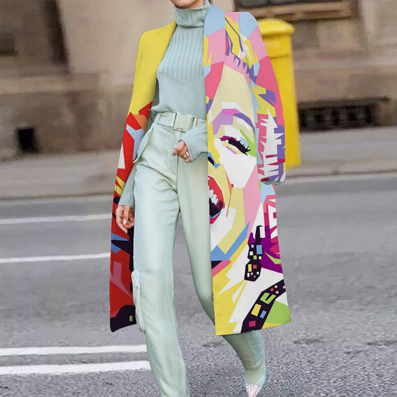 2023 casual lapela manga longa mistura casacos de lã moda retrato impressão feminino longo casaco inverno elegante senhora cardigan outerwear