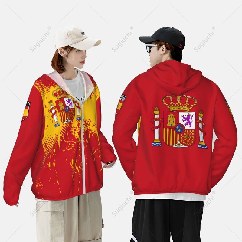 Spain Flag Sun Protection Hoodie Sunscreen Clothes Fishing Cycling Running Quick Dry Long Sleeve With Zipper Polyester