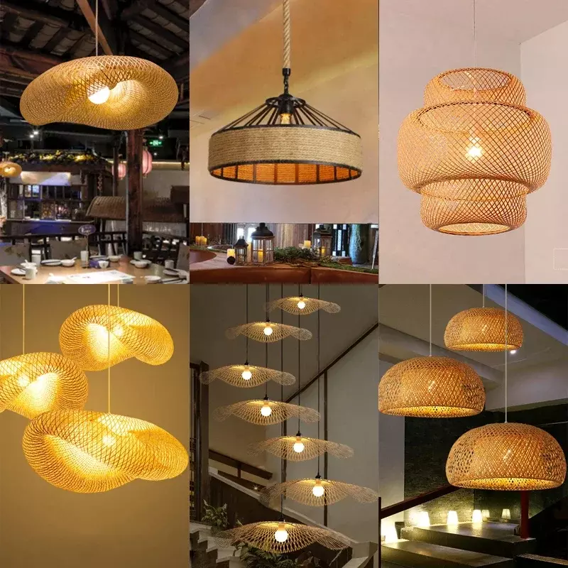 Lampu gantung bambu, lampu gantung rotan, lampu gemerlap, lampu untuk langit-langit, kerajinan seni rajut, dekorasi ruang makan