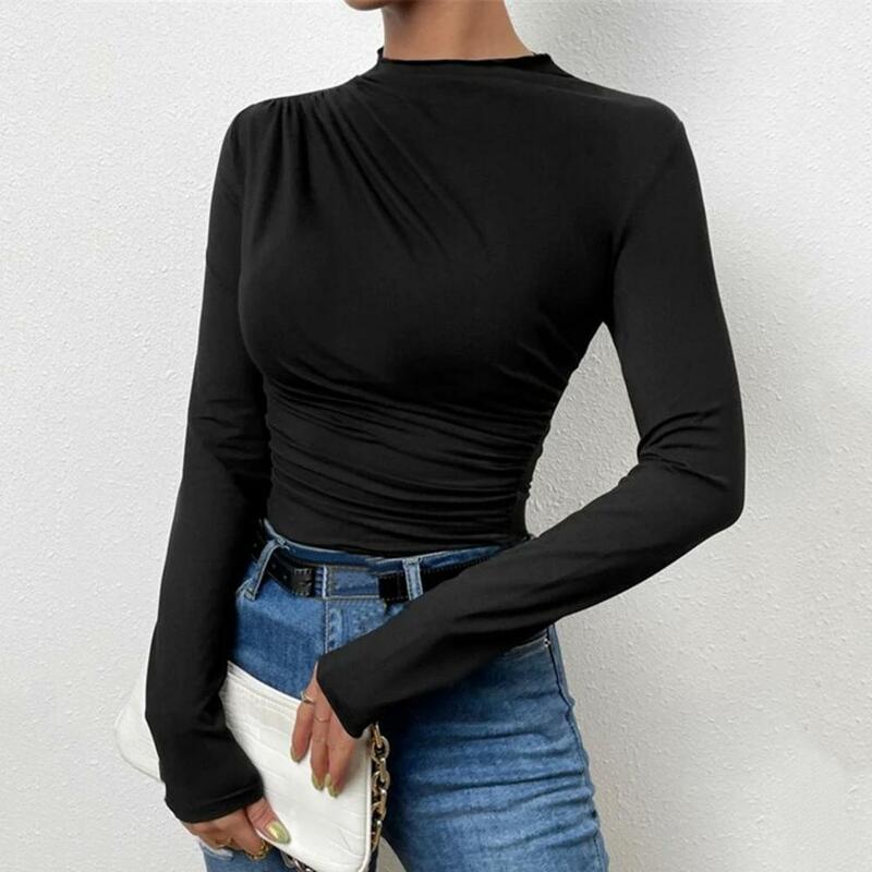 Soft Stretchy Top Elegant Slim Fit Pleated Pullover Tops for Women Solid Color Half High Collar Long Sleeve Bottoming Shirt