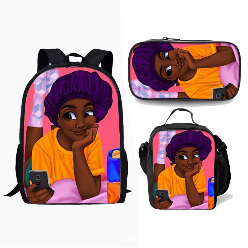 Classic  Novelty black girl African girl 3D Print 3pcs/Set pupil School Bags Laptop Daypack Backpack Lunch bag Pencil Case