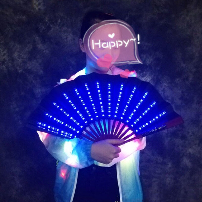 LED Luminous Folding Fan, colorido Hand Fans para casamento, boate, dança decoração, Stage Performance Props, 3V, 13"