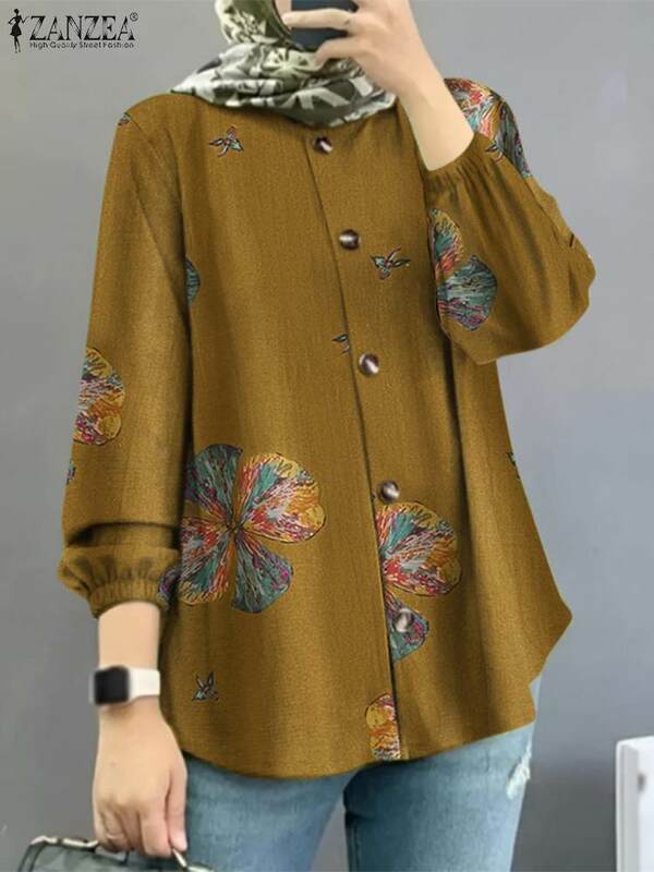 ZANZEA-Blusa floral de manga comprida estampada para mulheres, tops muçulmanos boêmios, camisa vintage, blusa ramadã, marocaína, Eid Mubarek, outono