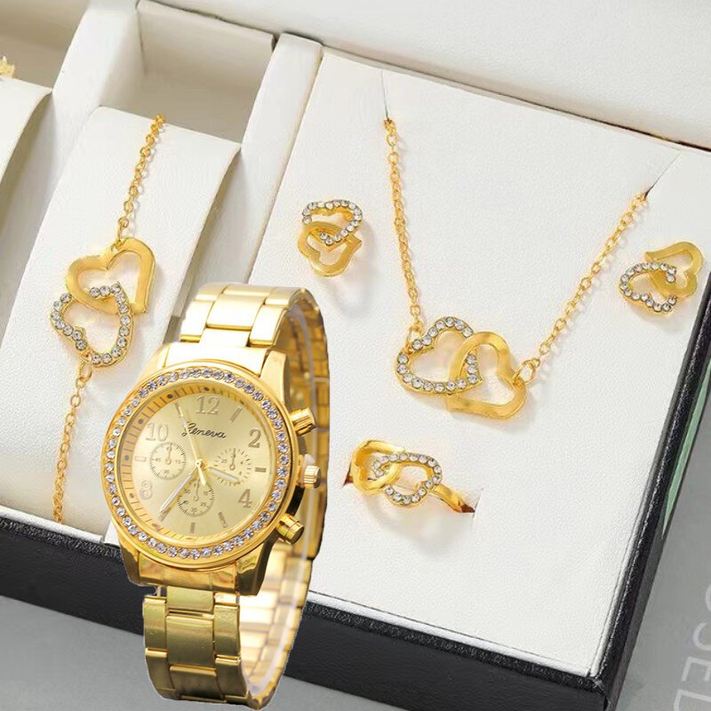 6PCS Set  Fashion Wristwatch Casual Ladies Bracelet Watches Rose Gold Luxury Watch Women Ring Necklace Earring Rhinestone