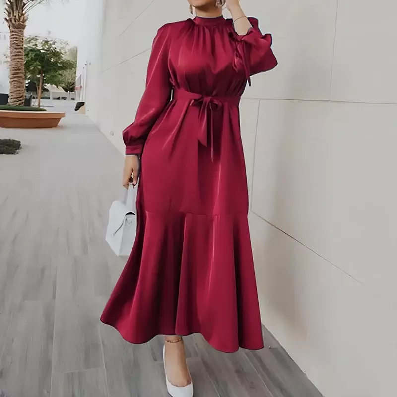 Frauen elegante O-Ausschnitt Schnürung langes Kleid Mode Taille Rüschen einfarbige Party kleid Büro lässig Langarm Satin Maxi kleid