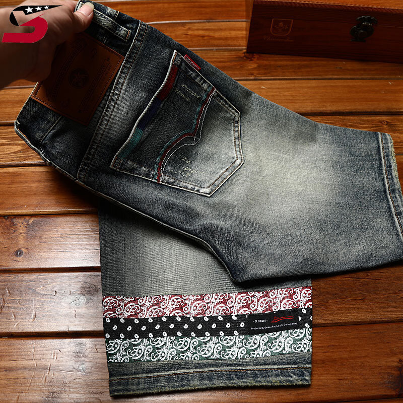 Haftowane spodenki jeansowe z nadrukiem moda męska retro slim stretch męskie letnie podarte spodenki rekreacyjne Street