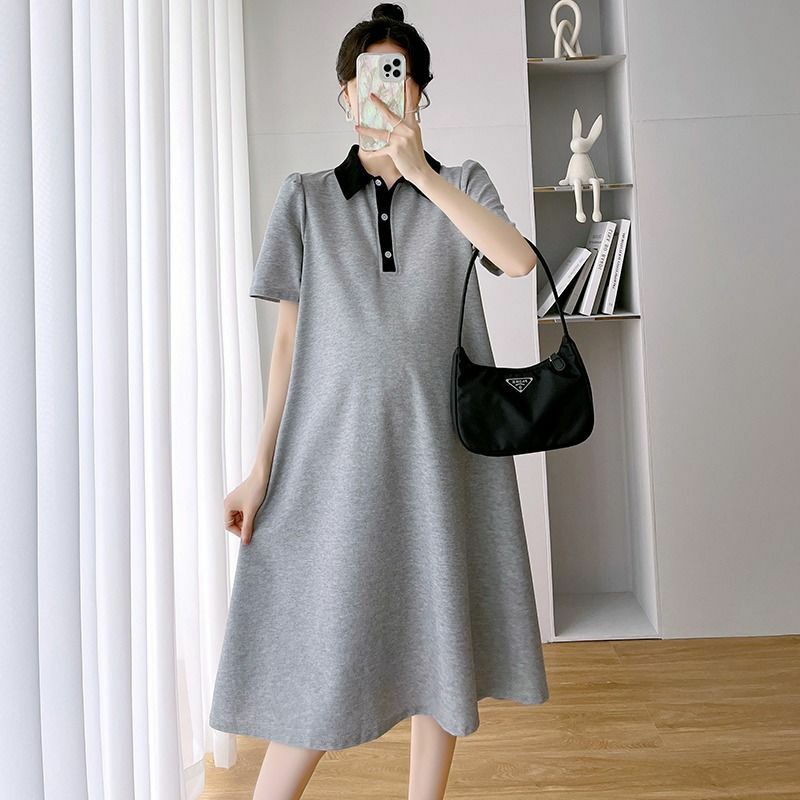 Summer Pregnant Women Dresses Maternity Lapel Shirt Pregnancy Solid Color Loose Knee A-line Female Long Casual Top
