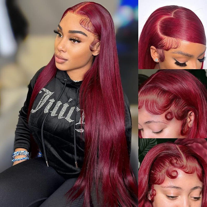 Wiggogo-Peluca de cabello humano liso con encaje Frontal, color rojo borgoña 99J, 13x4, 13x6, Hd