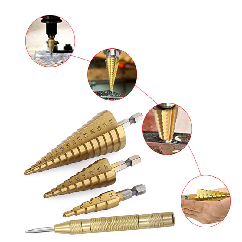 4Pcs Step Drill Bit 4-12 4-32 4-20mm Straight Spiral Groove Step Drill Bit Hole Cutter Drilling For Woodworking Metal Hole Opene