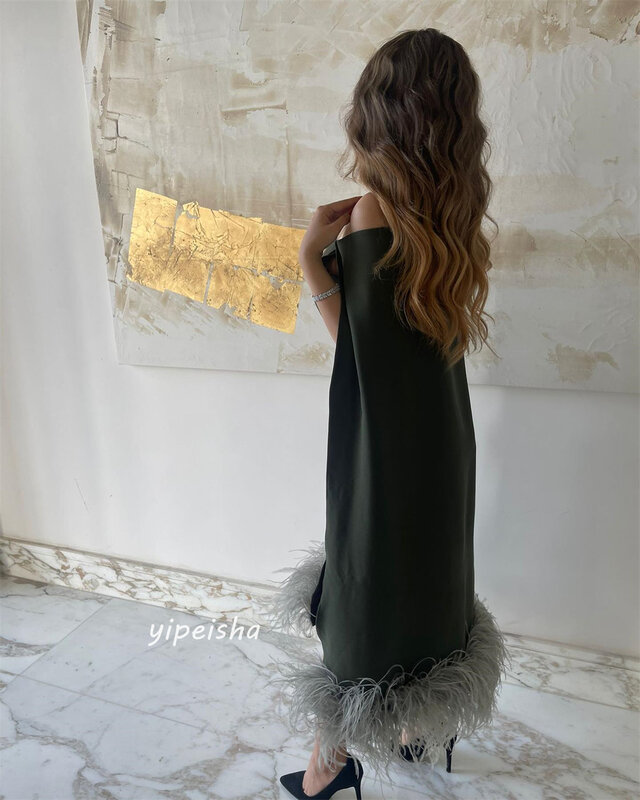 Prom Dress Saudi Arabia Satin Feather Pleat Cocktail Party A-line Off-the-shoulder Bespoke Occasion Gown Knee Length Dresses