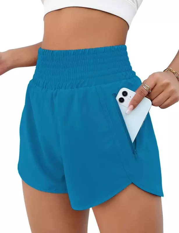 Celana pendek Yoga wanita, celana ketat latihan pelangsing elastis dua potong palsu pinggang tinggi untuk Yoga lari