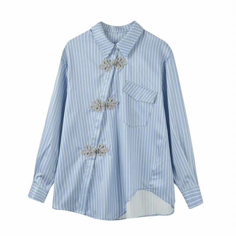 Damen neue Mode Flip Pocket Dekoration lose asymmetrische Streifen Shirt Retro Langarm Knopf Damen Shirt Chic Top
