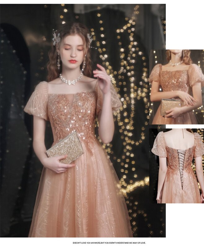 100% Real Photo Rose Gold Prom Dress Bling Crystals Beads A Line Party Evening Dress Square Neck Puffy Sleeves Robe De Mariée