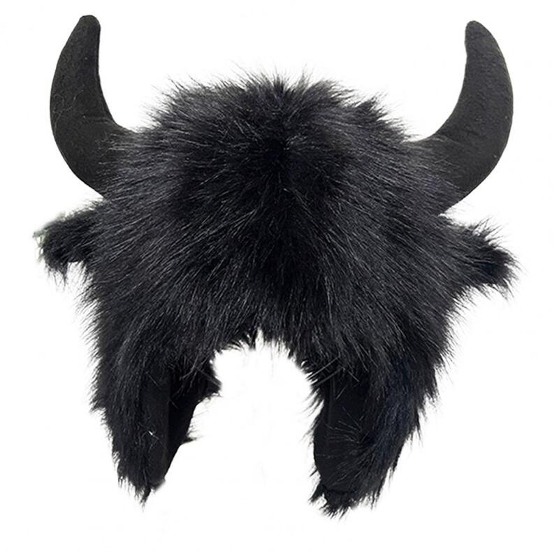 Thermal Cow Hat Fake Cow Horn Decor Funny Hat Faux Fur Thunderbolt Horn Hat Winter Funny Cap for Women Men Unisex Windproof