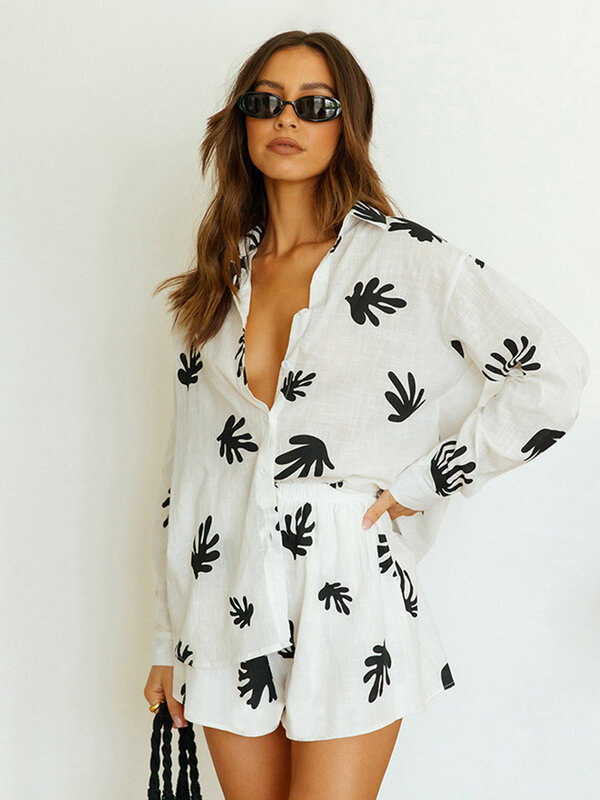 Marthaqiqi-Conjunto de pijama con cuello vuelto para mujer, camisón de manga larga, pantalones cortos con estampado informal, ropa de dormir para primavera