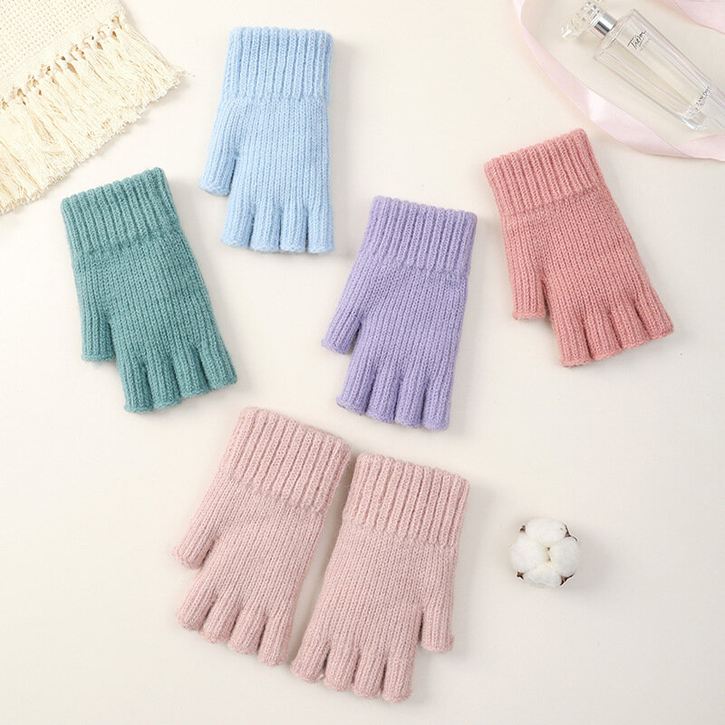 Fashion Simple Style Solid Winter Keep Warm Half Finger Knitted Gloves Thickened Windproof Write Drive Multicolored Cute Lovely