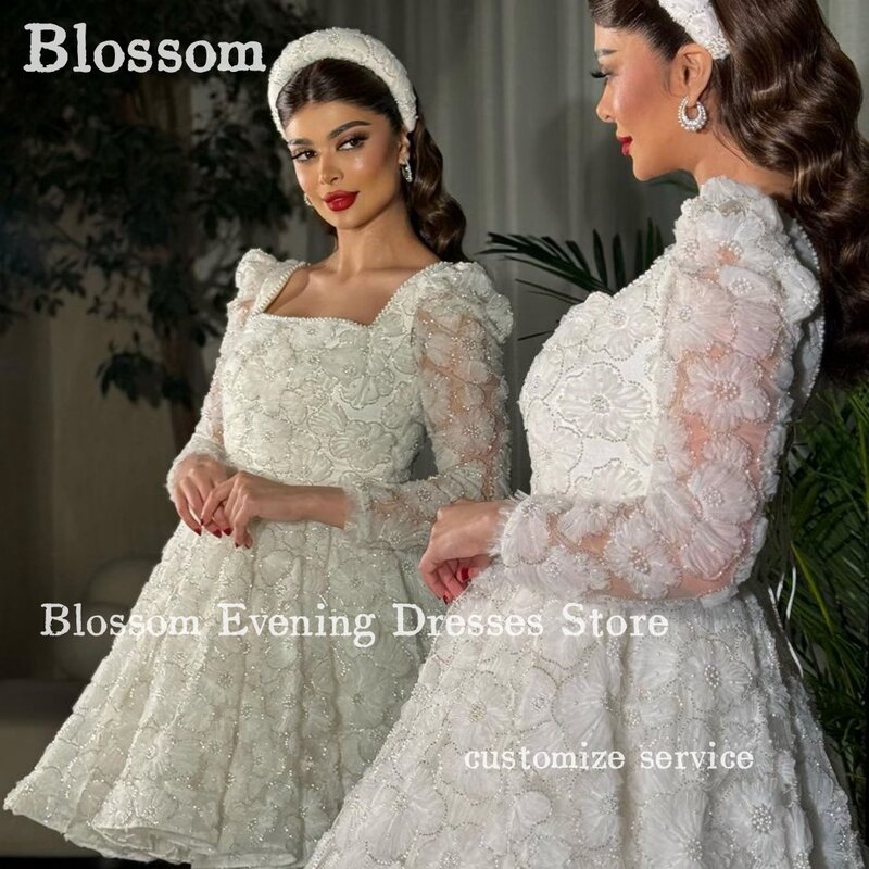 Floral Lace Long Sleeves Wedding Dresses Above Knee Square Neck Beaded A-line High-end Custom Bridal Dress Marriage Party Gowns