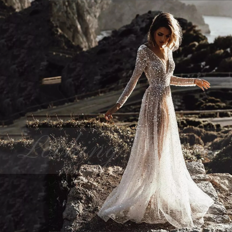 Luxury Deep V Neck Shiny Wedding Dress Glitter Long Sheer Sleeve Beading Sequined Bridal Gown Morden Backles Vestido de Novia