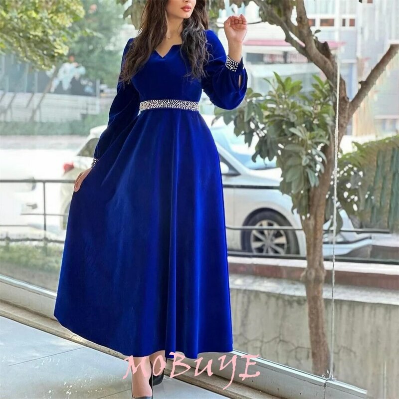 MOBUYE 2024 Popular V Neck Prom Dress Ankle-Length With Long Sleeves Evening Fashion Elegant Party Dress For Women