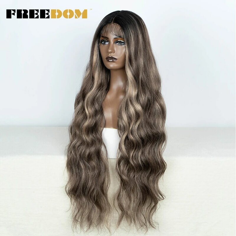 FREEDOM Body Wavy Synthetic Lace Front Wigs For Black Women 36" Long Ombre Brown Highlight Lace Wig Heat Resistant Cosplay Wigs