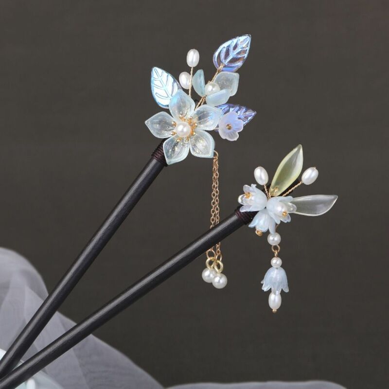 Tongkat rambut bunga kayu elegan, garpu rumbai mutiara tongkat rambut Sumpit gaya Cina Hanfu tongkat rambut harian