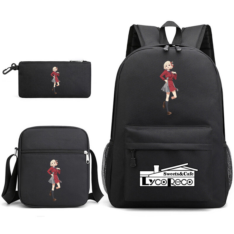 Harajuku-mochila con estampado de retroceso Lycoris para ordenador portátil, bolso de hombro inclinado, estuche para lápices, creativo, lindo, 3 piezas por juego