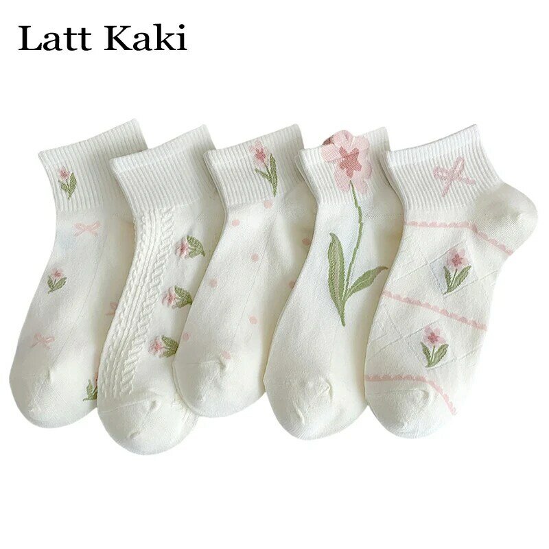 5 pasang/lot Set kaus kaki wanita pendek tren baru pita gadis kaus kaki lucu untuk wanita jala putih bunga gaya Korea kaus kaki pergelangan kaki baru