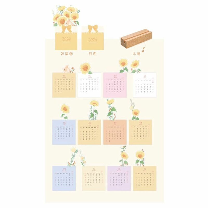 Planificador de horario diario, Serie de flores, calendario de madera, flor de tulipán rosa, adornos de escritorio, 2024