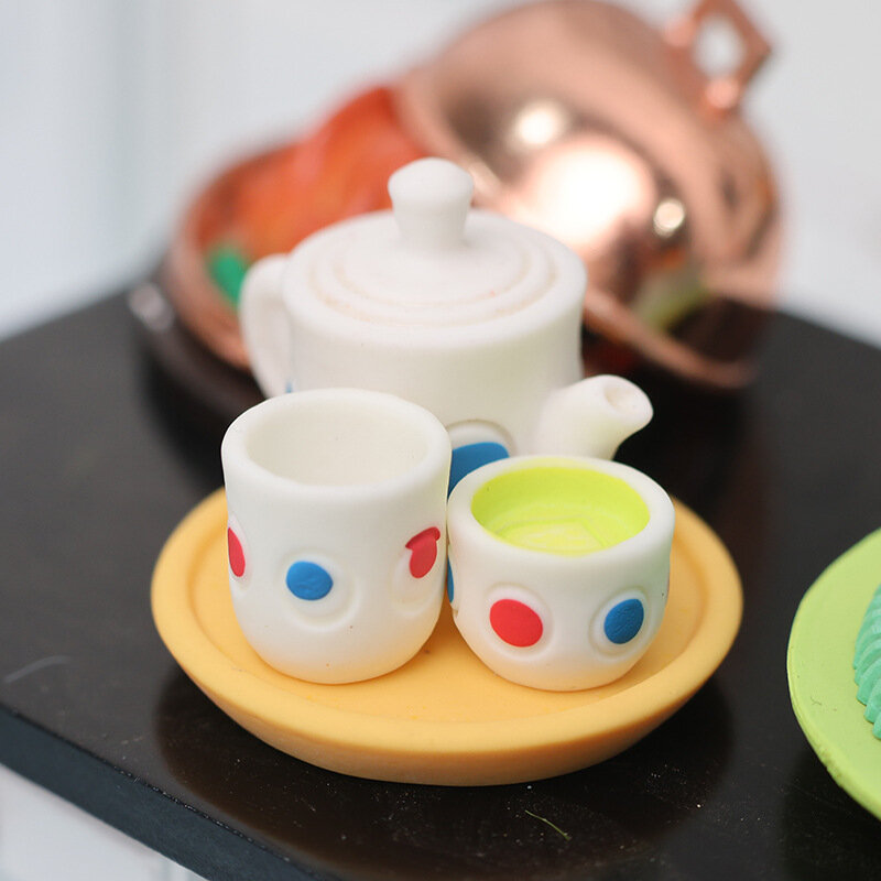 Mini Food Play Tea Cup and Pot Set, Decoração de Doll House, Jantar Kitchenware, Toy Home, Mobília do bebê, 3 Pcs/Set