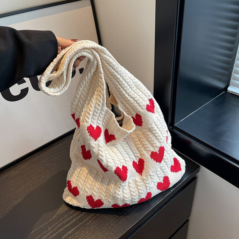 Love Heart Graphic Knitted Tote Bag Fashion Woven Shoulder Bag Aesthetic Crochet Bag For Women