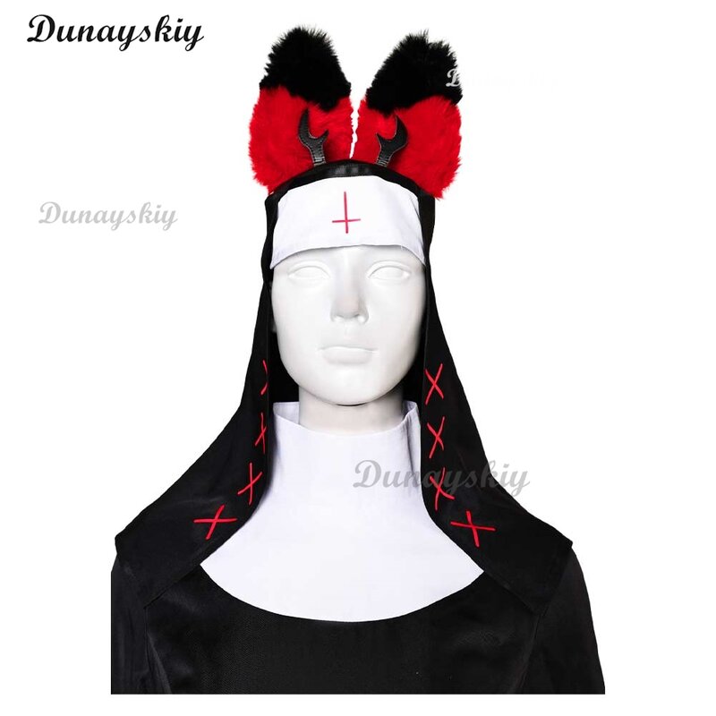 Disfraz de Alastor de Nun Fantasia Hazbin para mujer, traje de dibujos animados para Hotel, vestido negro, sombrero, trajes, traje de Carnaval de Halloween