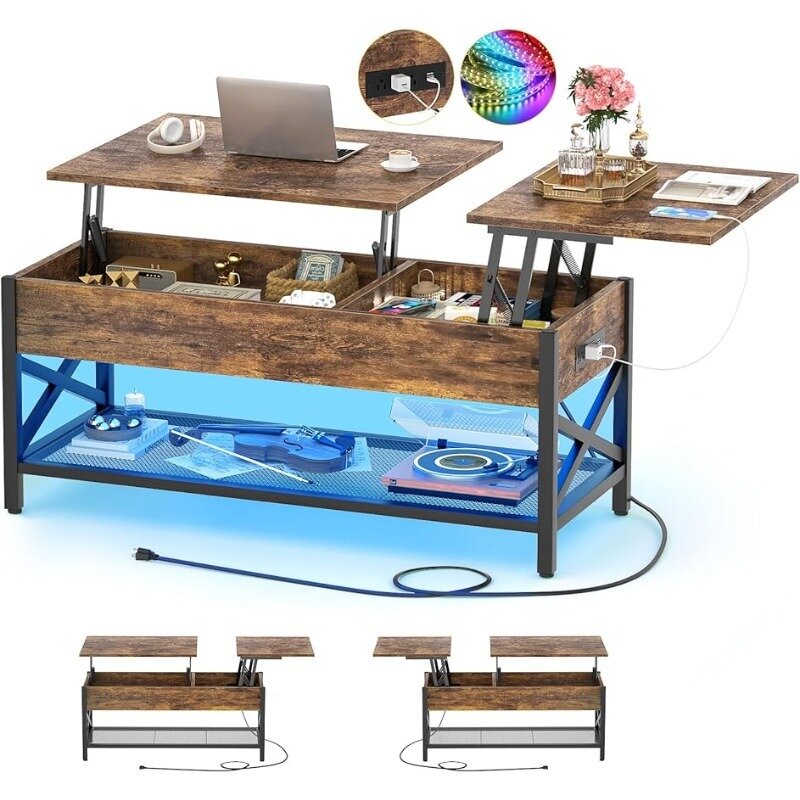 Tavolino Aheaplus, tavolino da caffè con piano di sollevamento con luce a LED e presa di corrente, tavolo centrale moderno con piano di sollevamento con ripiano