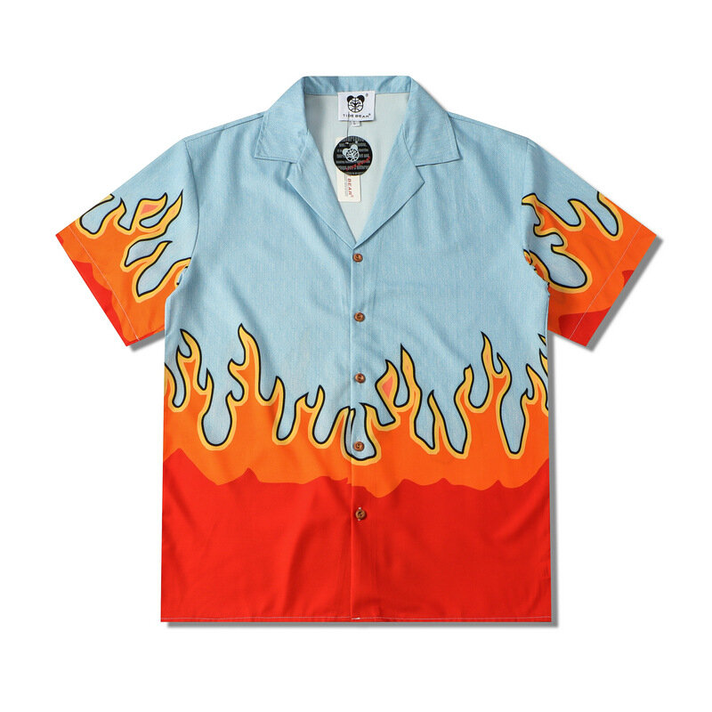 Summer Couple Clothing New Trendyol Mens Flame Print Loose Short Sleeve Shirts Vintage Casual Oversized Man Hawaiian Beach Shirt