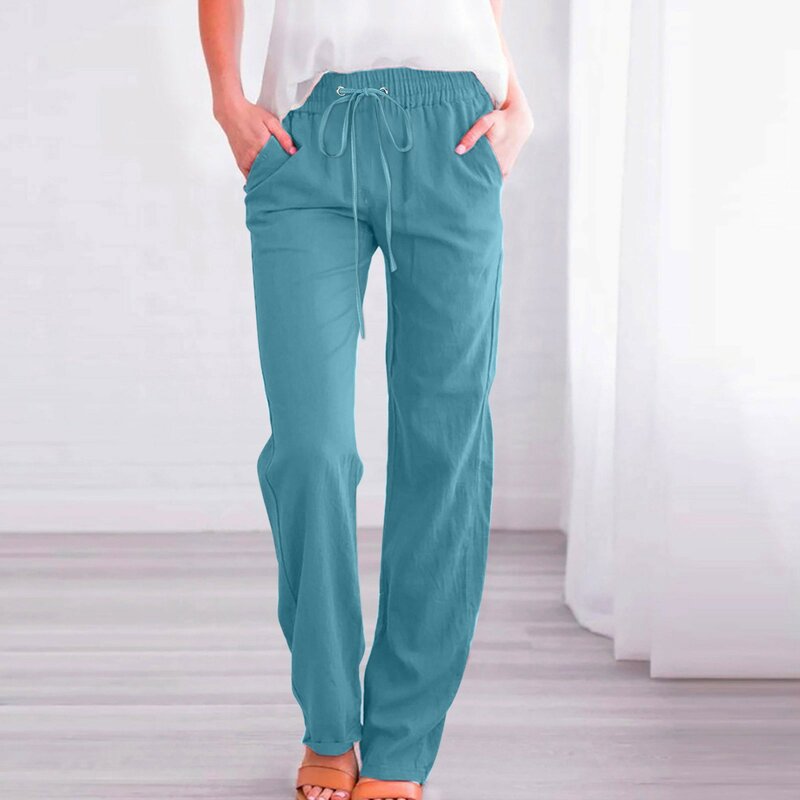 Celana panjang wanita katun Linen, celana panjang kasual elastis longgar tali kaki lebar pinggang tinggi warna polos elastis