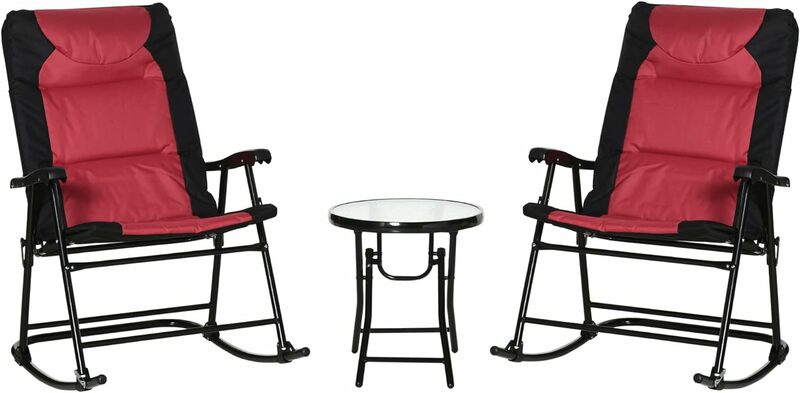3 Piece Outdoor Patio Furniture Set with Glass Coffee Table & 2 Folding Padded Rocking Chairs, Bistro Style for Porch, Camping