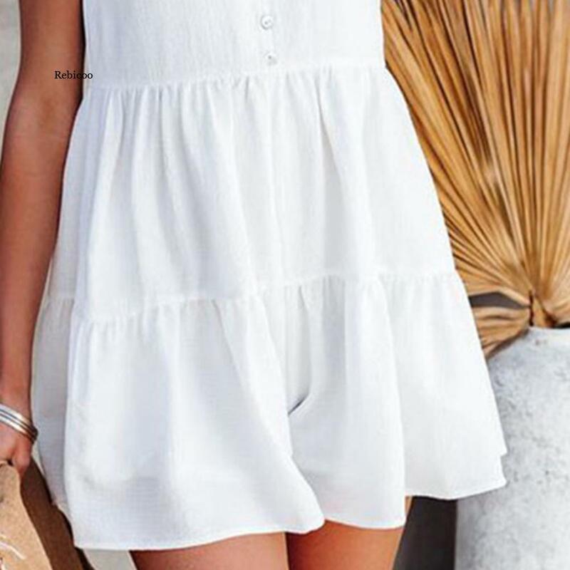 Sexy Backless White Pleated Patchwork Short Sleeve Women's Jumpsuit Casual Loose Rompers Summer Sweet Beach Party Ladies Clothes
