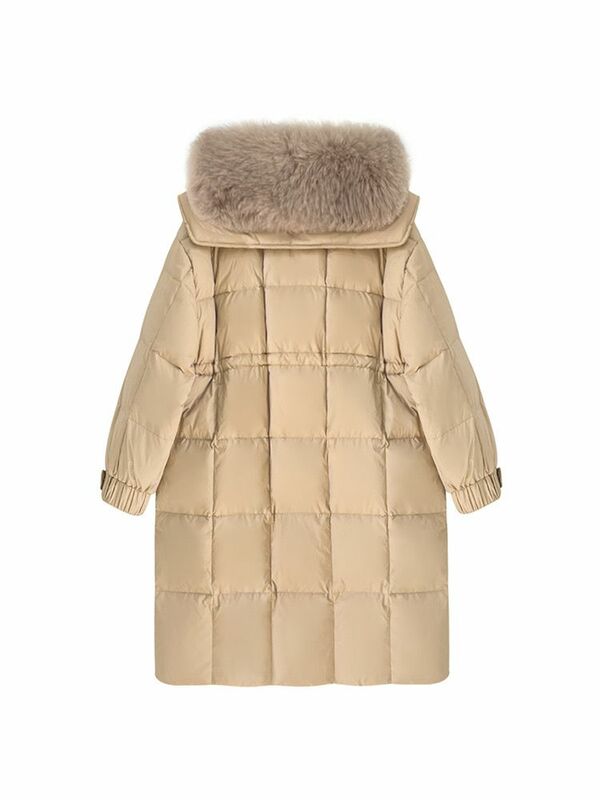 Jaqueta branca de pato feminino, jaqueta longa à prova de vento, gola grossa, estilo de deslocamento, nova moda, inverno