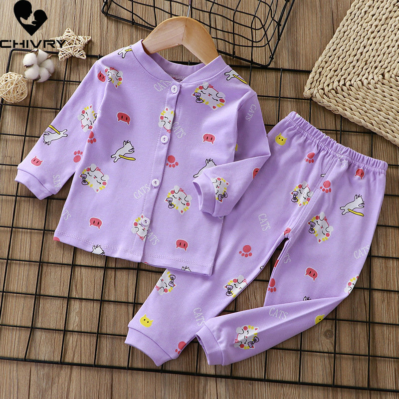 New 2023 Kids Boys Girls Pajamas Cartoon Long Sleeve Cardigan T-Shirt Tops with Pants Toddler Baby Autumn Sleeping Clothes Sets