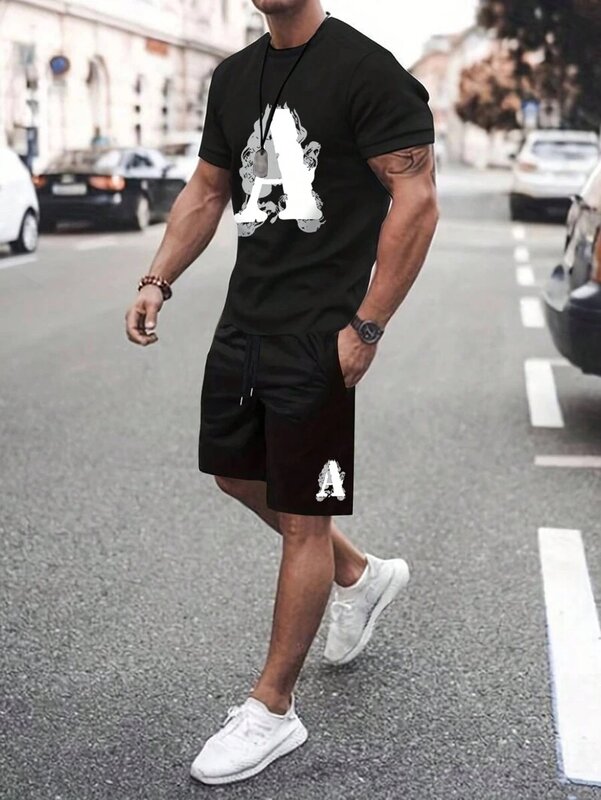 Plus size Tracksuit Men's Sporty Style Printed t shirts Men T-shirt Shorts Suit