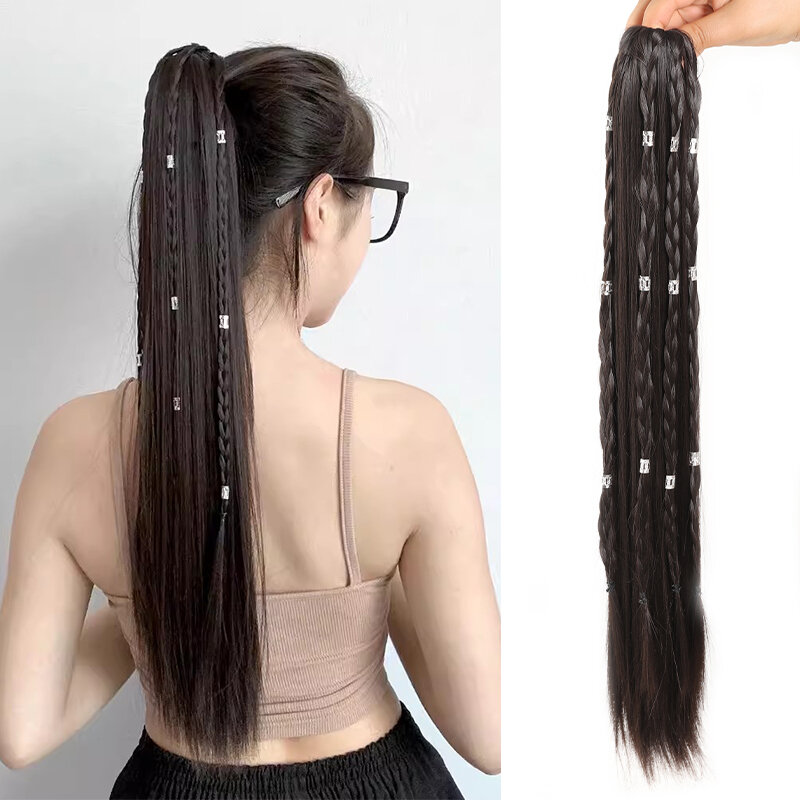Pegang klip perak gesper kepang ponytail wig sintetis panjang lurus wig ekor kuda alami dan nyaman dipakai sederhana untuk dipakai