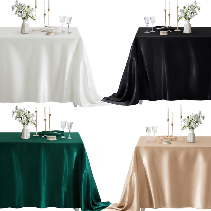 Taplak meja pernikahan Satin persegi panjang, taplak meja makan malam rumah dekorasi perjamuan acara pesta ulang tahun hitam putih