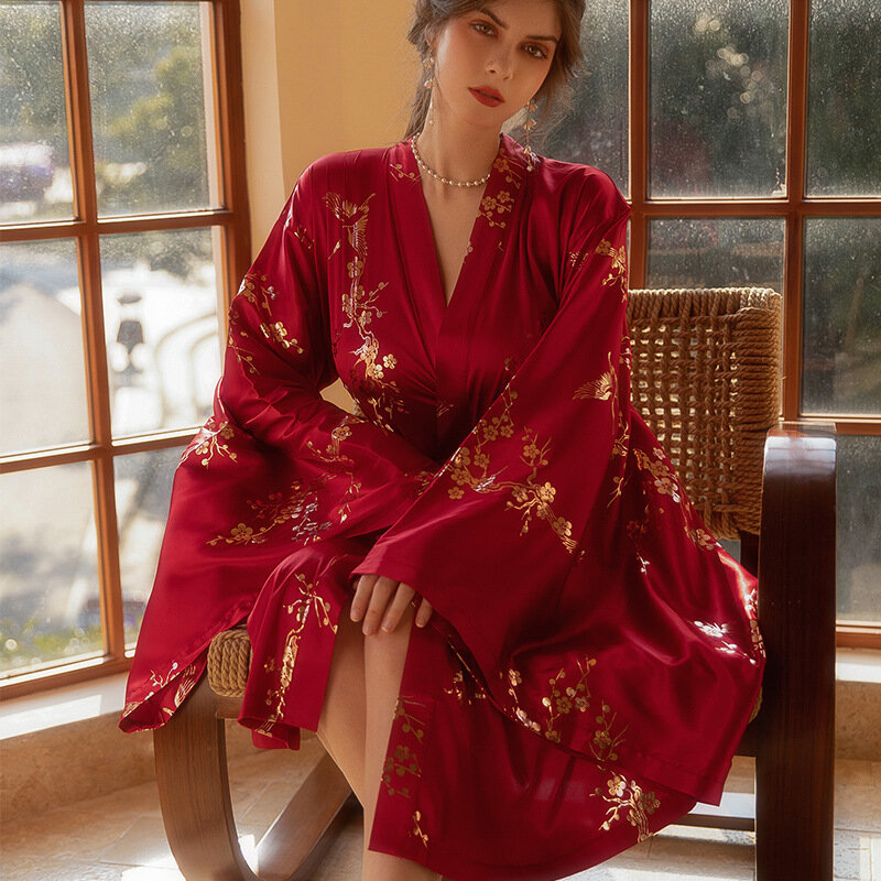 Bata Kimono de manga grande para novia, camisón de flores doradas, ropa de dormir de satén, lencería íntima