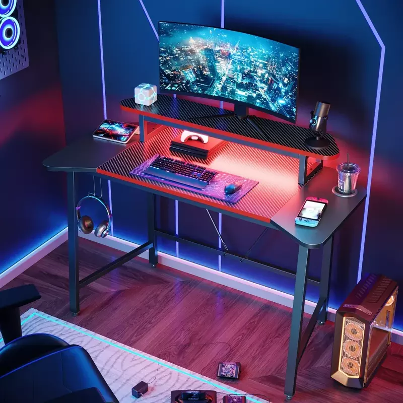 50.3" Gaming Desk Computer Office Table with LED Lights & Monitor Stand, Carbon Fiber Office Desk Office Furniture  Gaming Desk