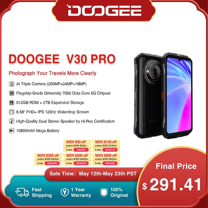DOOGEE V30 프로 견고한 휴대폰, 200MP 카메라, 치수 7050 5G 스마트폰, 6.58 인치 FHD 디스플레이, 10800mAh 32 RAM + 512 ROM, 안드로이드 13