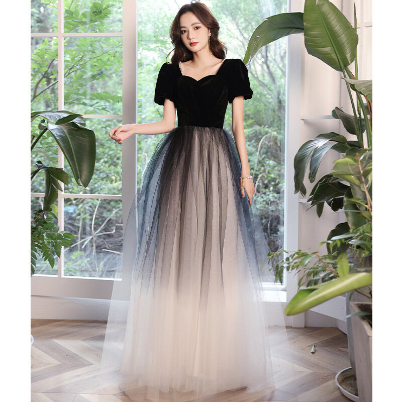 Mesh Evening Dress Elegant Banquet Gown Women Long A-Line Cheongsam Sexy Black Robe De Soiree Girl Prom Vestidos Grace Qipao