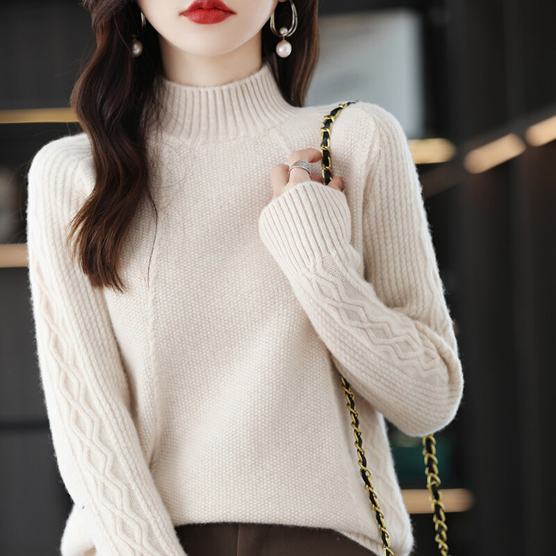 Camisola de lã pura feminina meia gola alta outono inverno pulôver solto cor sólida versátil manga longa de malha camisa de fundo