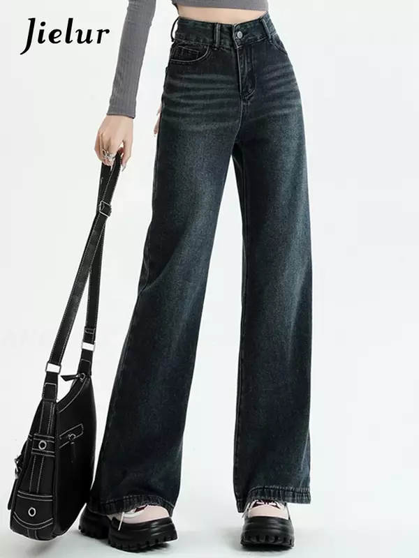Jielur-pantalones vaqueros holgados de estilo americano para mujer, vaqueros de cintura alta de Color sólido, ajustados, de pierna ancha, ropa de calle a la moda, novedad de verano