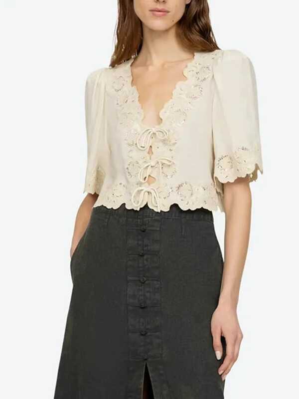 Blusa de algodón y lino para mujer, camisa informal de manga corta con bordado y cordones, cuello en V, novedad de 2024
