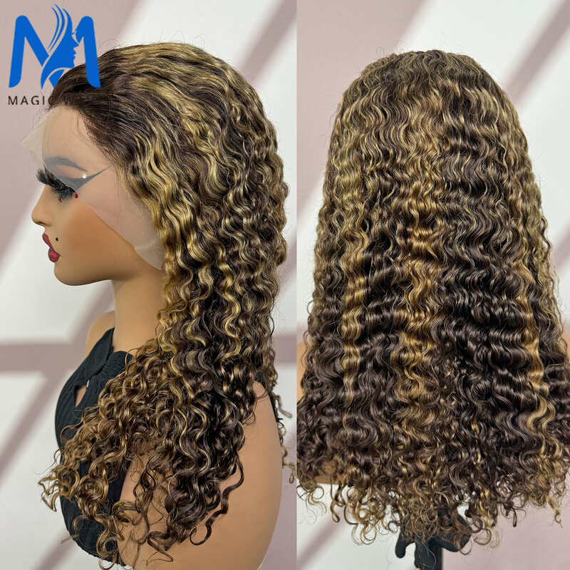 4/27 Colored Highlight Ombre Brown Water Wave Human Hair Wigs for Black Women 250% Density Curly Wave Brazilian Remy Hair Wig