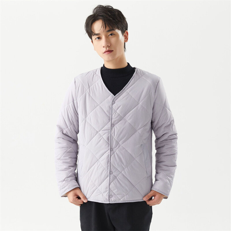 Men's New Ultra Light Down V-Neck Square Lattice Jackets Winter Thick Lamb Cashmere Portable Chic Simplicity Warm Cozy Coats